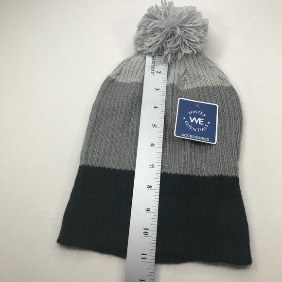 Winter Essentials Women's One Size Black/Gray Stripes Knit Beanie Hat With Pom - Picture 7 of 10
